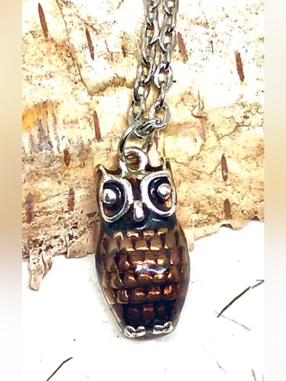 Vintage Brown Black Enameled Silver Tone Owl Pendant Chain Necklace Fall Nature